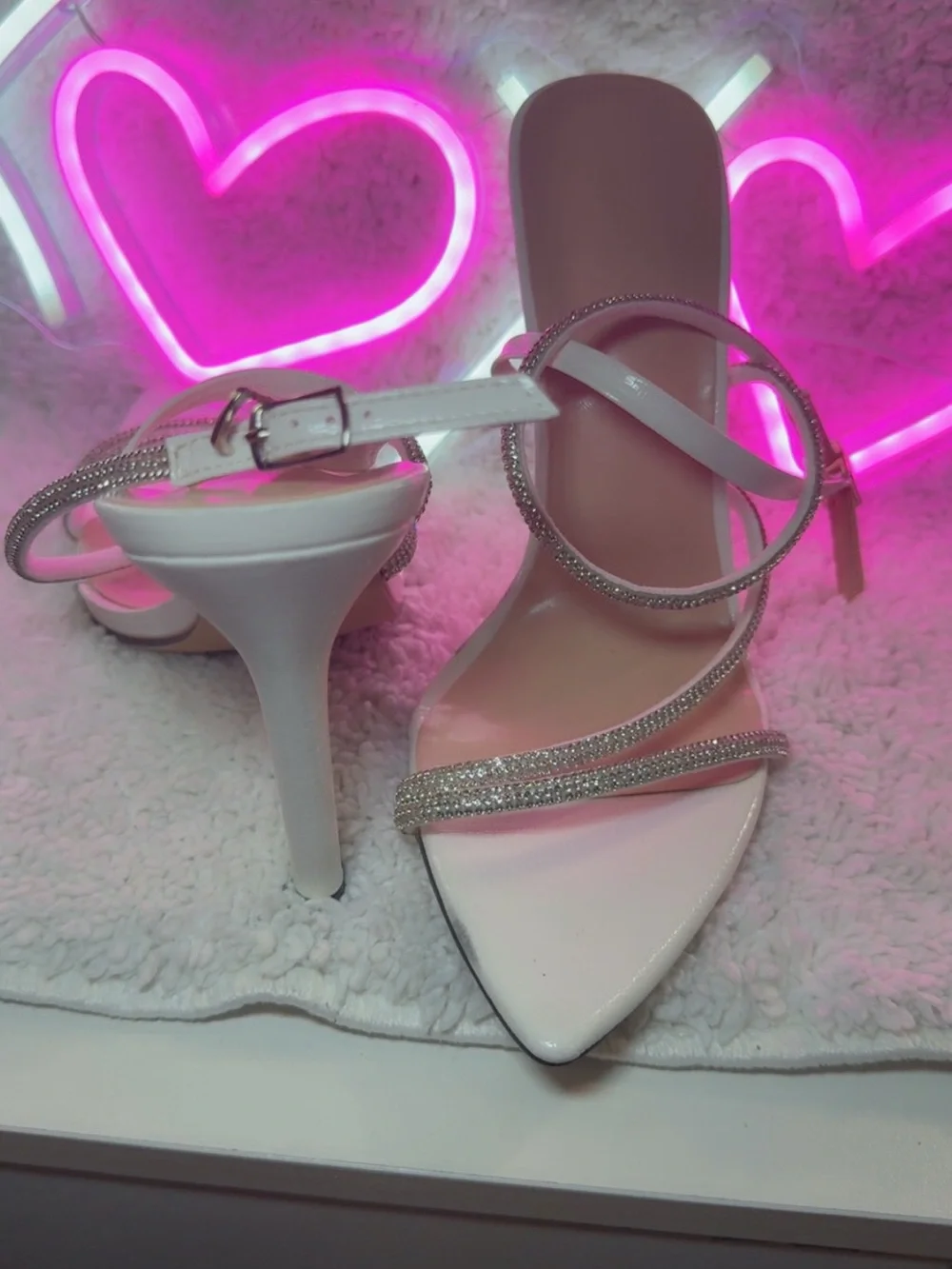 SHEIN White Rhinestone Strappy Pointed Heels